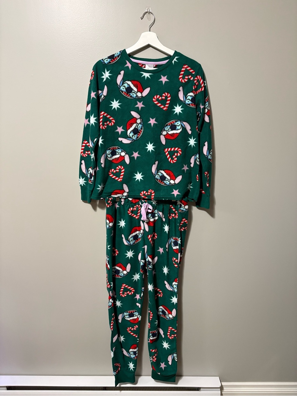 Disney Stitch Fleece Holiday Candy Cane PJ Set Green Red Blue